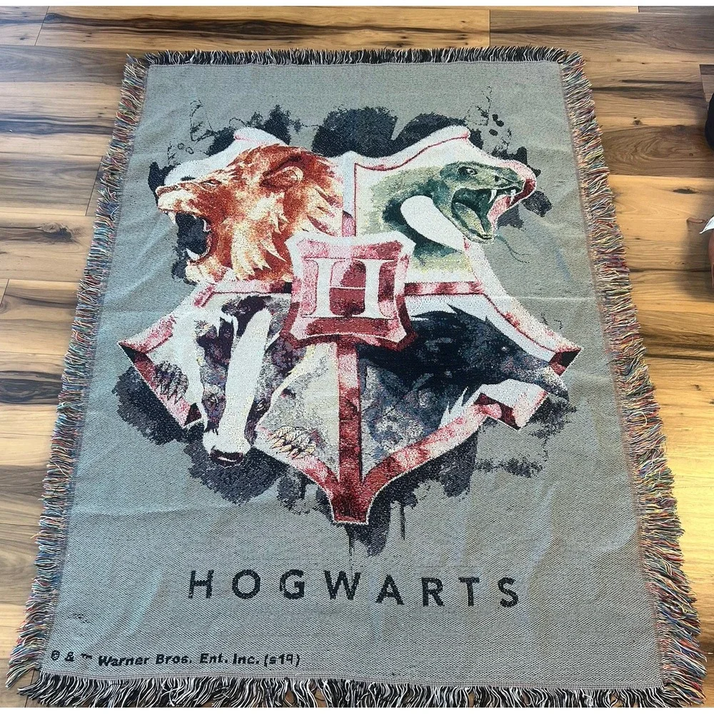 Hogwarts Woven Tapestry Throw Blanket Harry Potter Lion Snake Eagle Fringe